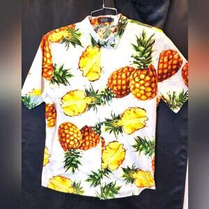 Men's Hawaiian Tropical Shirt Button Down White Yellow‎ Pineapples Cotton XL